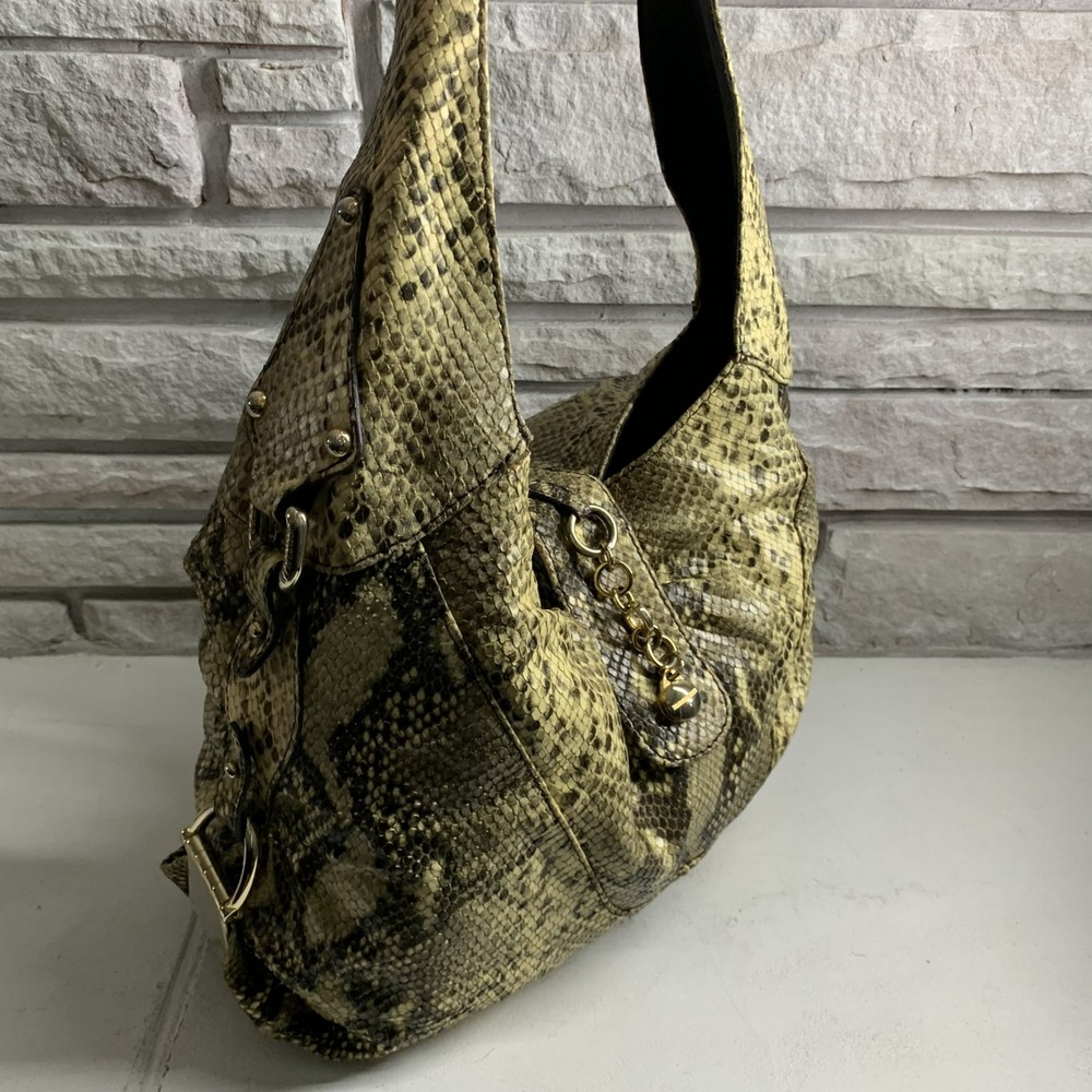 Stuart Weitzman Snakeskin Embossed Leather Hobo Bag Beige Brown Gold Hardware